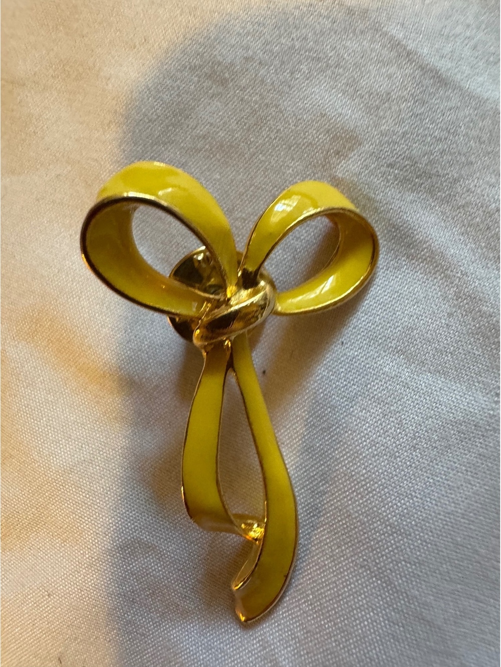 Vintage Yellow Enamel Ribbon Bow Lapel Pin Gold Tone Retro
